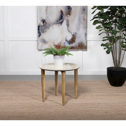 Aldis Round Marble Top Side End Table White and Natural