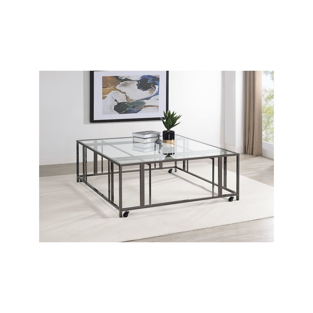 Adri Square Glass Top Coffee Table with Casters Black Nickel