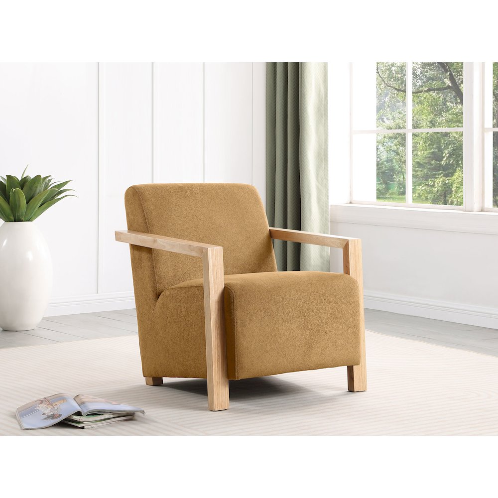 Diego Upholstered Accent Arm Chair with Wood Arms Honey