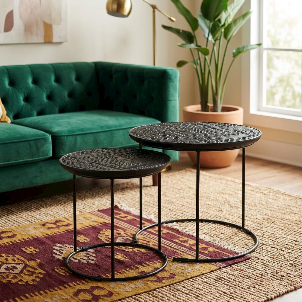 Round Mango Wood Nesting Coffee Table Set for Living Room, Matte Black
