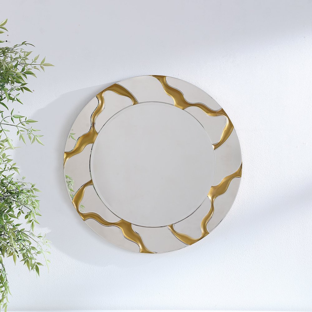 Dorinda 36 x 36 Inch Round Kintsugi Style Wall Mirror Gold