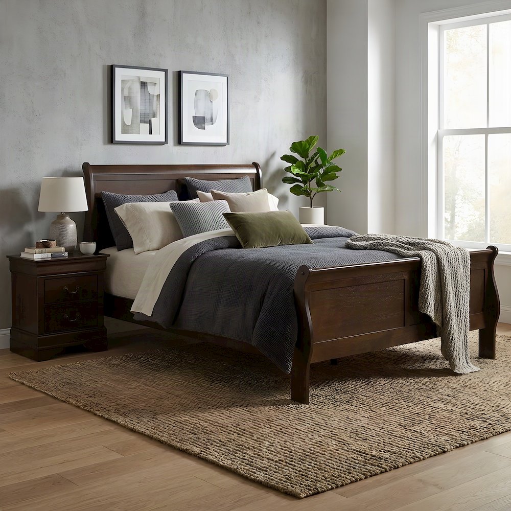 Wooden Full Sleigh Bed Frame with Curved Headboard and Footboard, Cappuccino