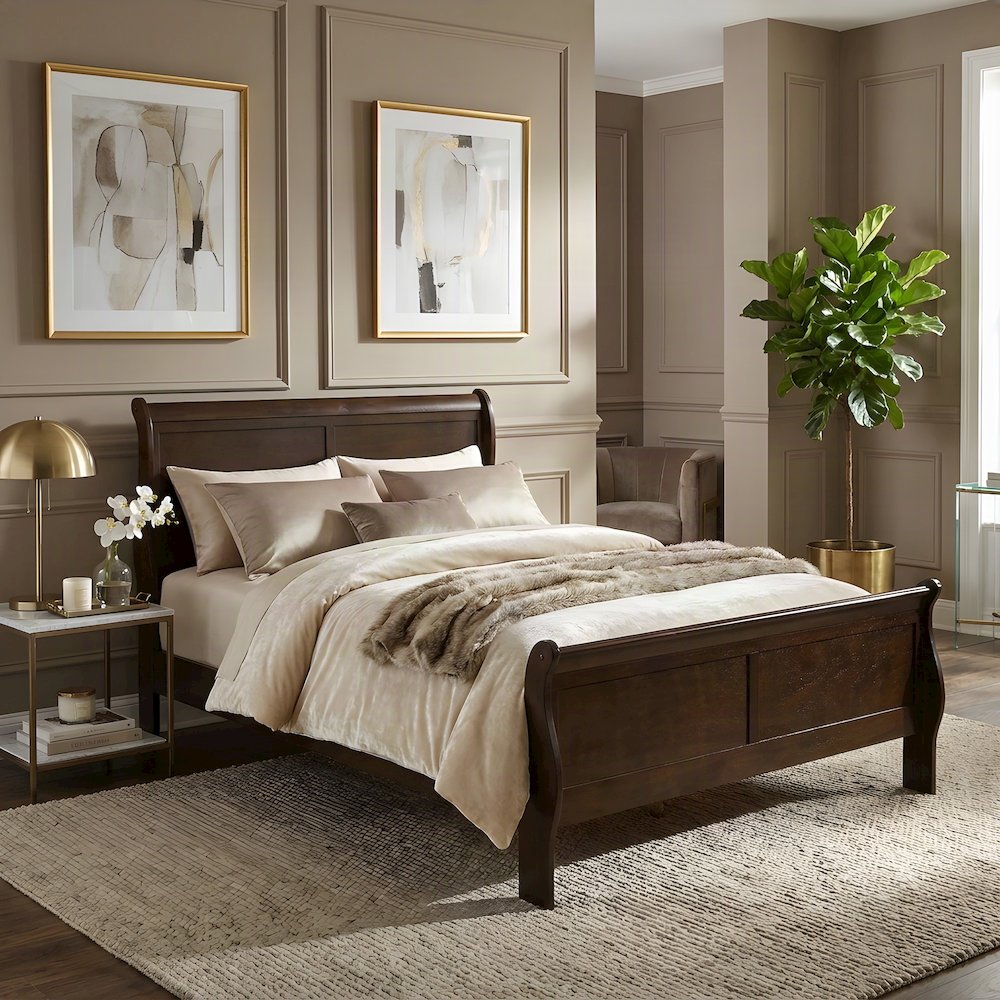 Wooden Full Sleigh Bed Frame with Curved Headboard and Footboard, Cappuccino
