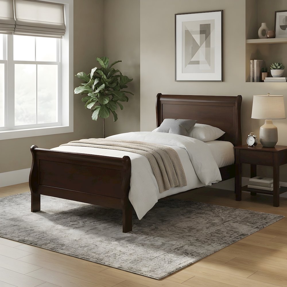 Wooden Twin Sleigh Bed Frame with Curved Headboard, Cappuccino