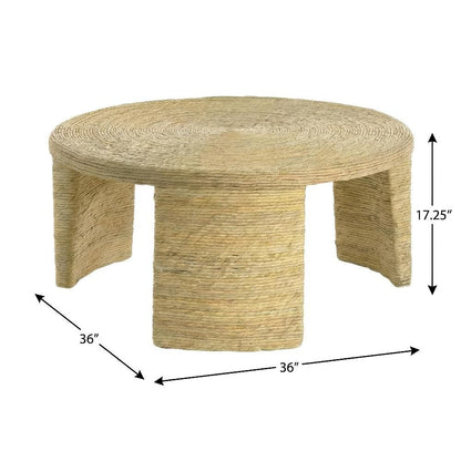 Warm Brown Round Coffee Table with Woven Rattan Surface Coastal Design