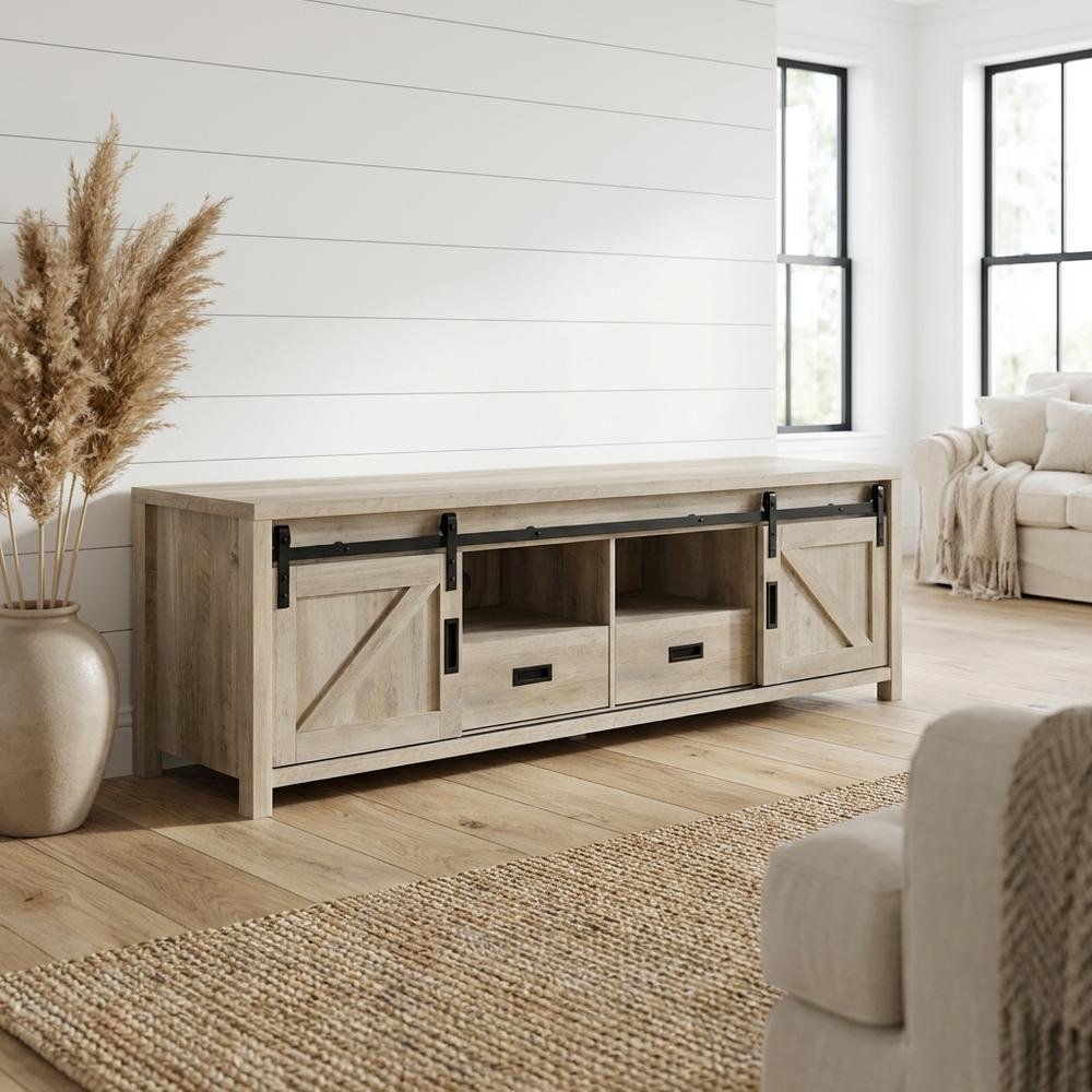 Brown Wood 2-Door TV Stand with Farmhouse Design and Distressed Finish