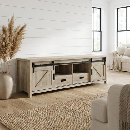 Brown Wood 2-Door TV Stand with Farmhouse Design and Distressed Finish