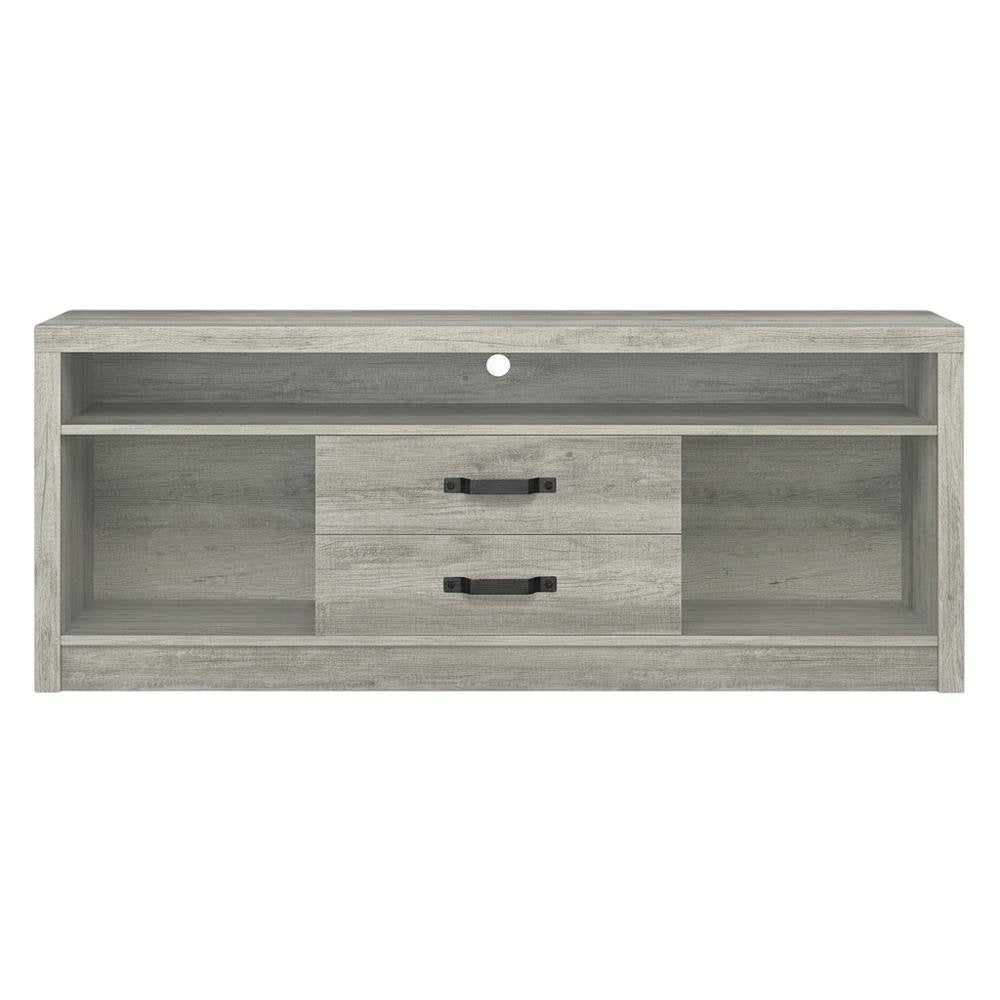 Engineered wood TV stand, two drawers in grey driftwood finish, transitional
