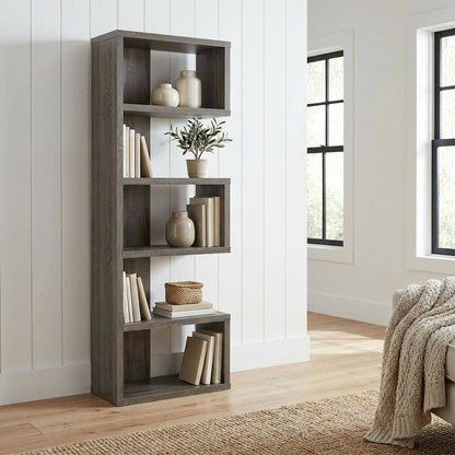 Weathered Grey 5-Shelf Bookcase with Transitional Style and Safety Restraint