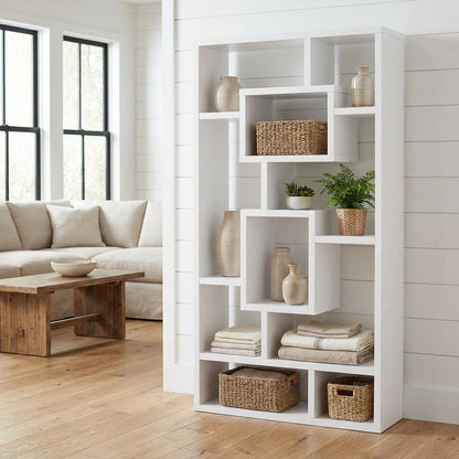 White 8-Shelf Bookshelf with Transitional Style and Safety Tipover Restraint