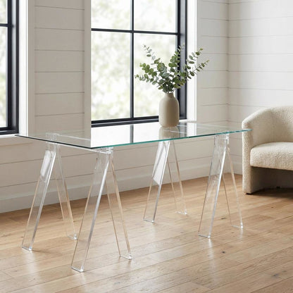 Clear Glass Top Acrylic Office Desk, Rectangular Design And Contemporary Style