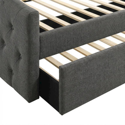 Gray Upholstered Twin Daybed With Trundle And Wooden Legs