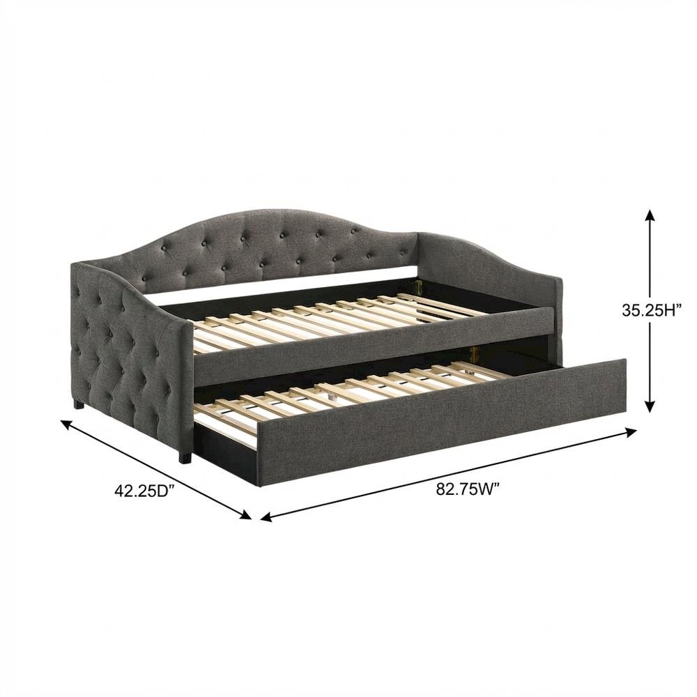 Gray Upholstered Twin Daybed With Trundle And Wooden Legs