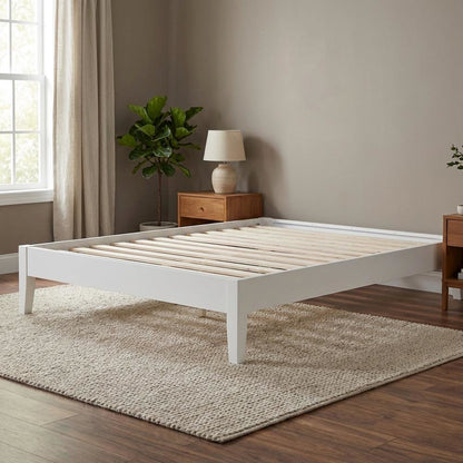 Contemporary White Full Platform Bed With Batten Slats And Sleek Design