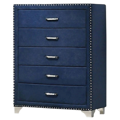 Pacific Blue 5-Drawer Bedroom Chest, Upholstered, Chrome Legs, 35 Inch