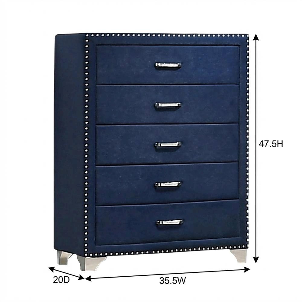 Pacific Blue 5-Drawer Bedroom Chest, Upholstered, Chrome Legs, 35 Inch