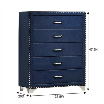 Pacific Blue 5-Drawer Bedroom Chest, Upholstered, Chrome Legs, 35 Inch