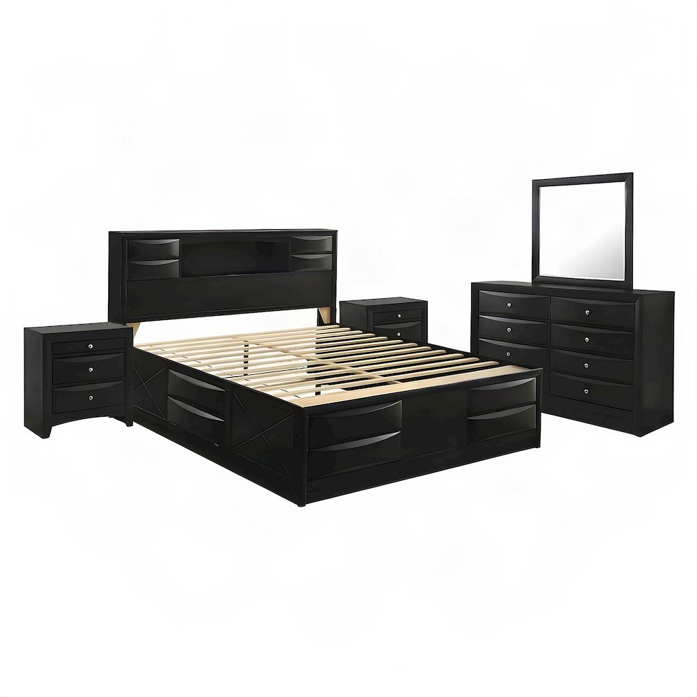 FurniFact Bedroom Set with Batten Slats and Dresser, Black, 4 Piece Set