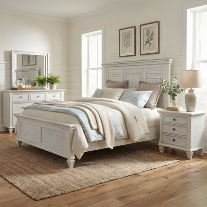 Farmhouse Solid Wood Eastern King Panel Bed with Headboard, Distressed White