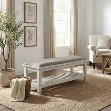 Fabric Upholstered Storage Bench with Shelf, Farmhouse Bedroom, Distressed White