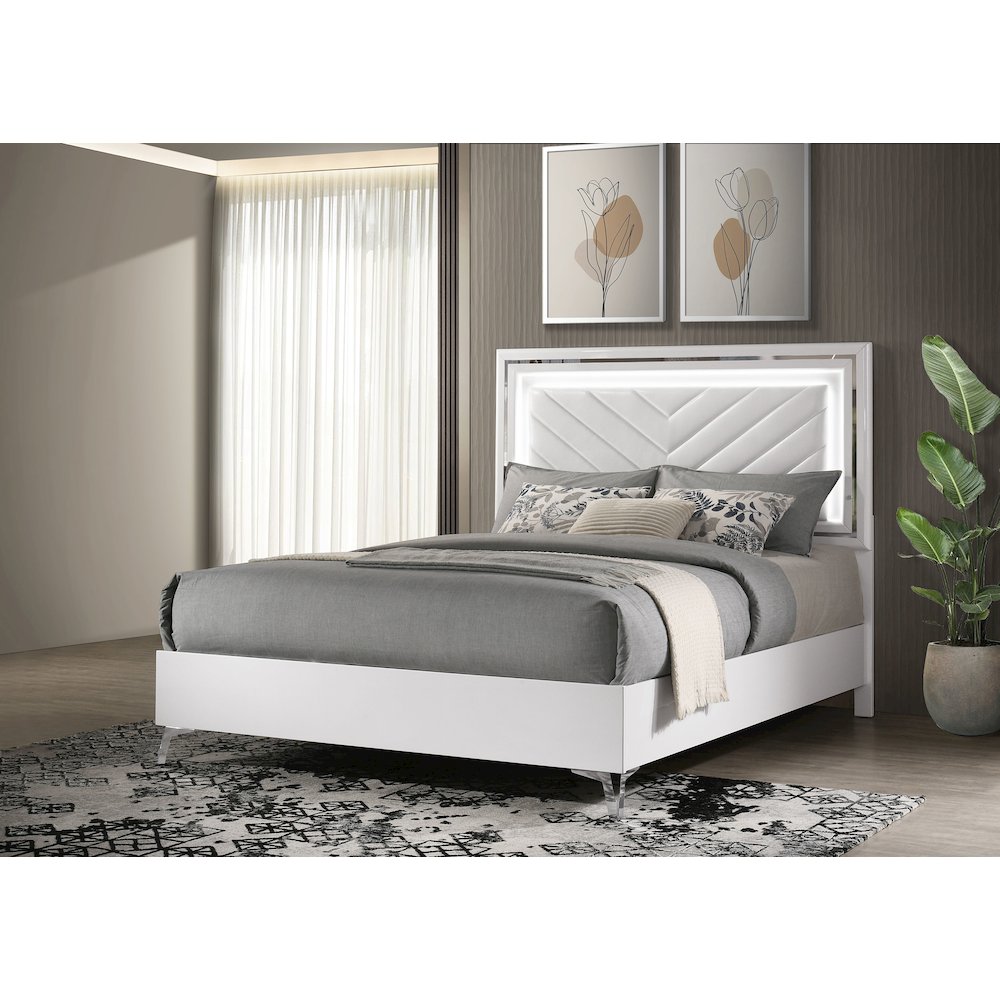 Cassia Queen LED Panel Bed White High Gloss