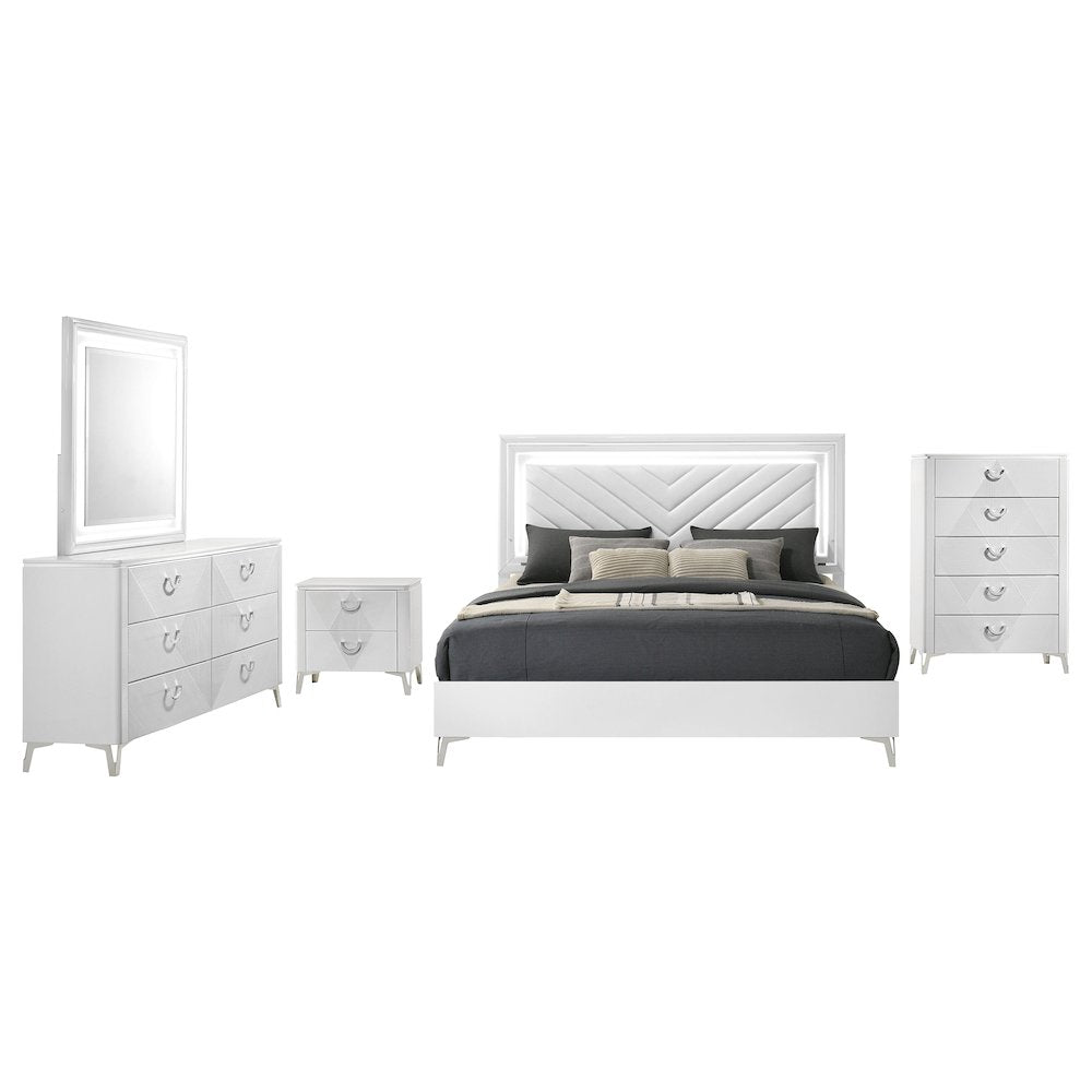 Cassia 5-piece Queen LED Bedroom Set White High Gloss