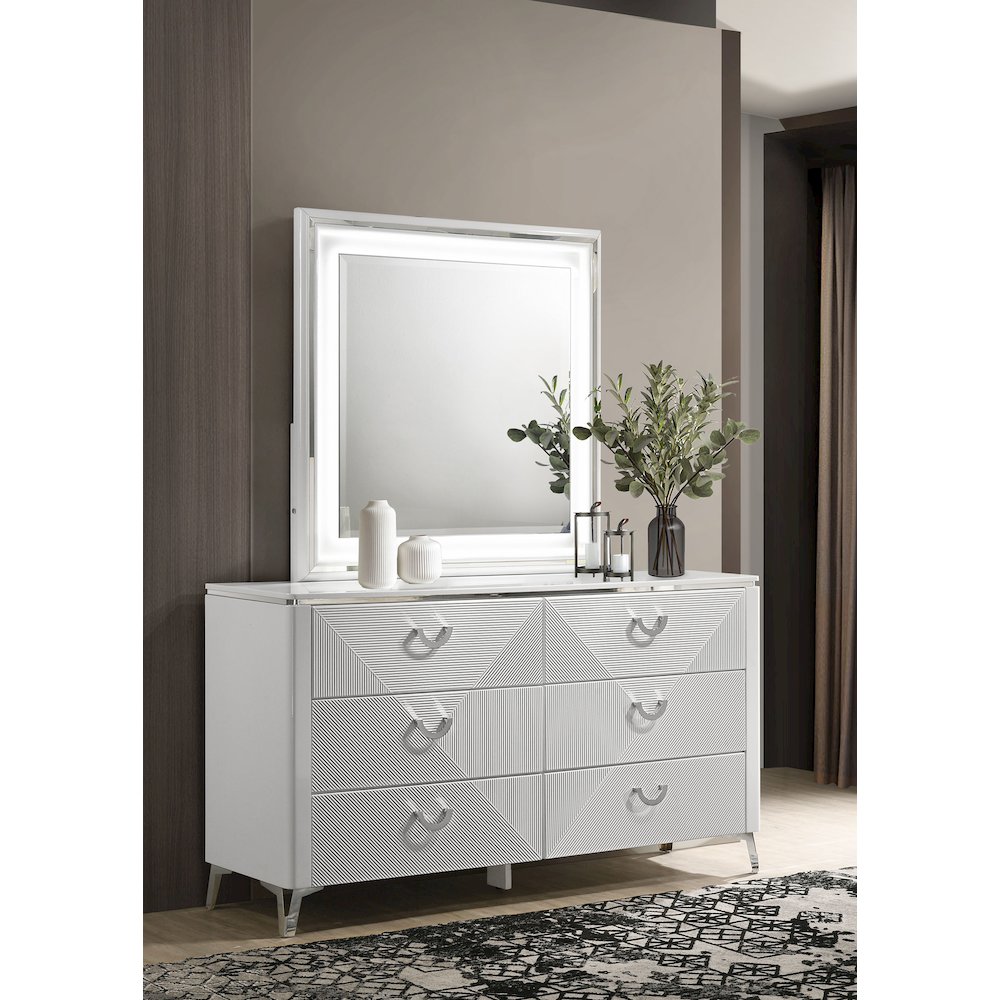 Cassia 6-drawer Dresser Cabinet with Mirror White High Gloss
