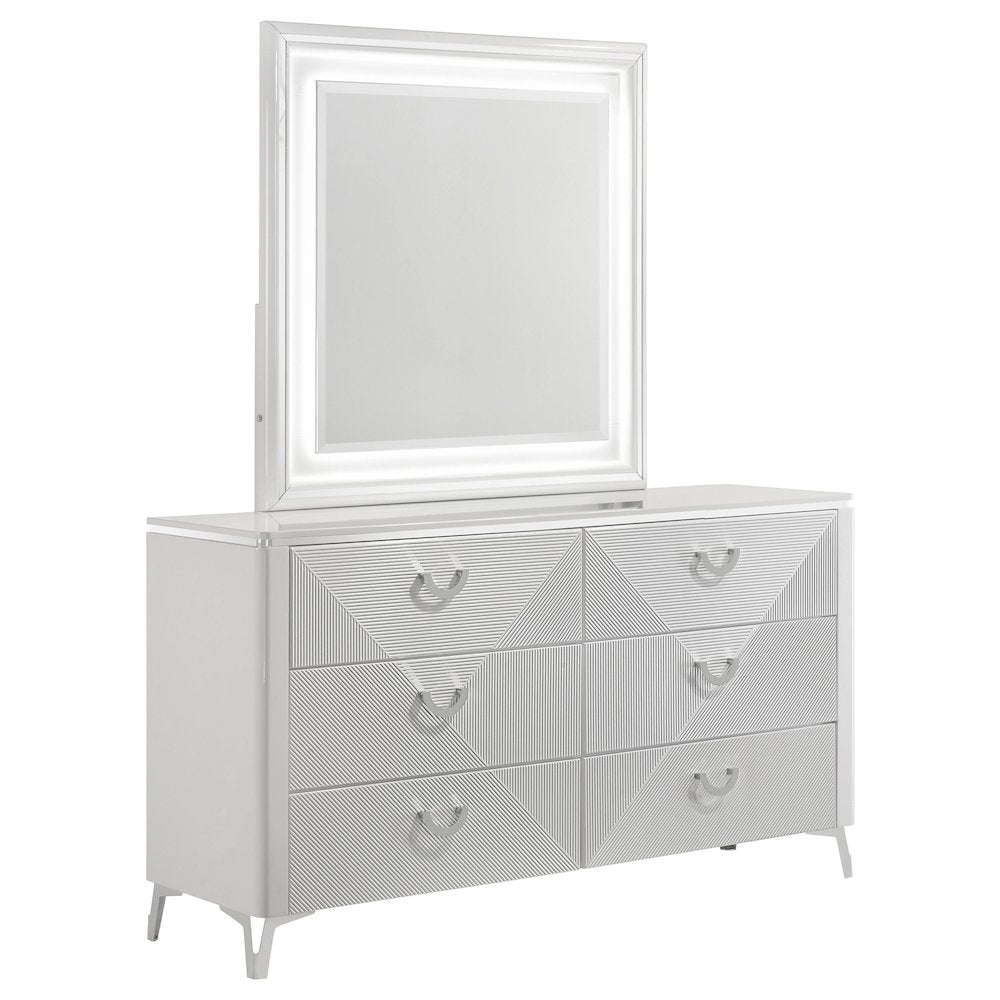 Cassia 6-drawer Dresser Cabinet with Mirror White High Gloss