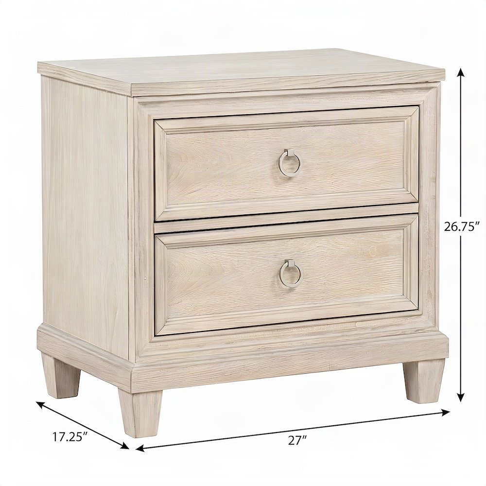 Veneer Nightstand with 2-Drawer Storage, Coastal Bedside Table, Washed Oak