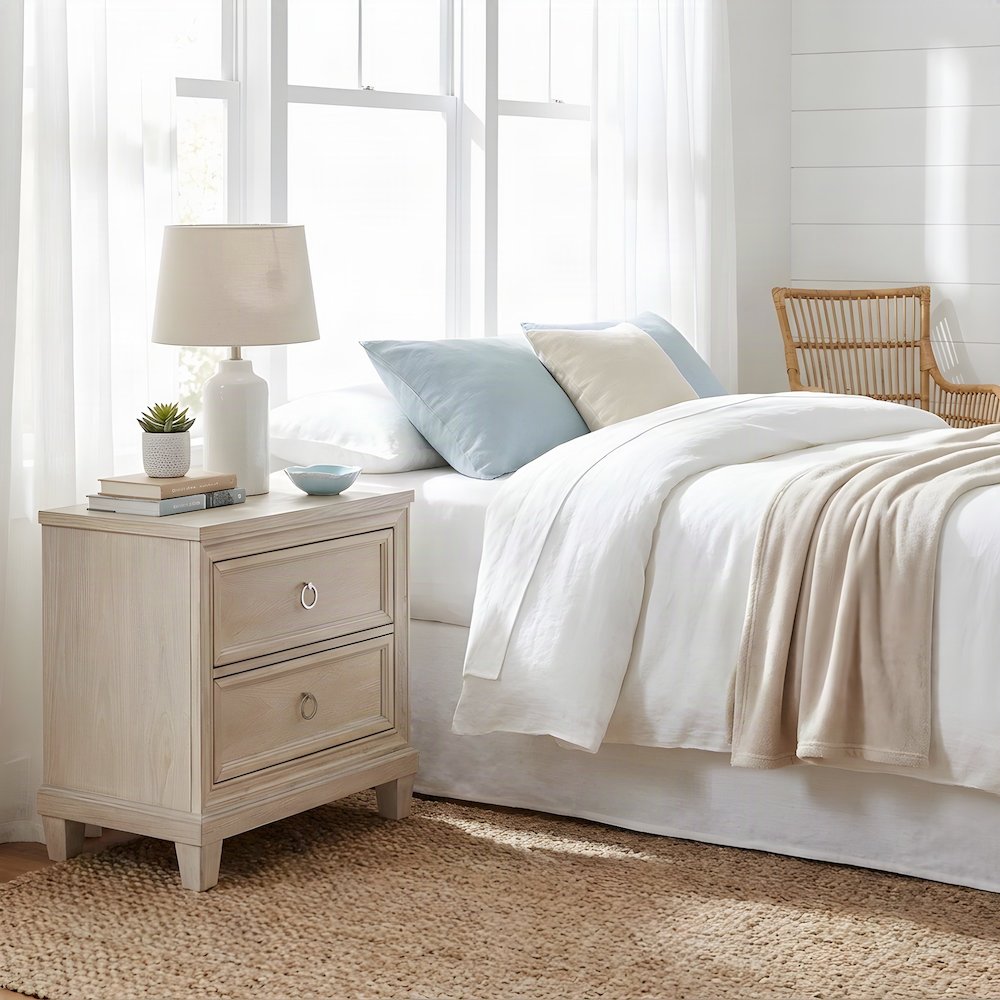 Veneer Nightstand with 2-Drawer Storage, Coastal Bedside Table, Washed Oak