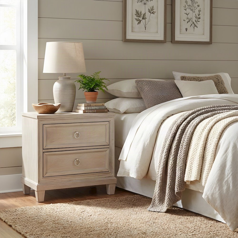 Veneer Nightstand with 2-Drawer Storage, Coastal Bedside Table, Washed Oak