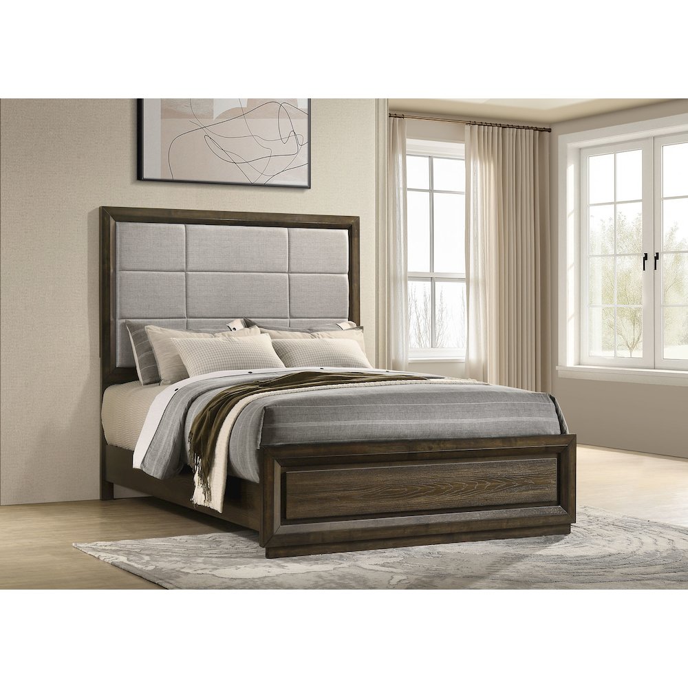 Atlas 63-inch Queen Upholstered Panel Bed Grey and Dark Oak