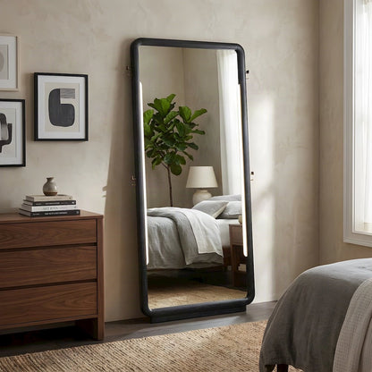 Wood-Framed Full Length Standing Floor Mirror, Full Body Leaner, Burnished Black