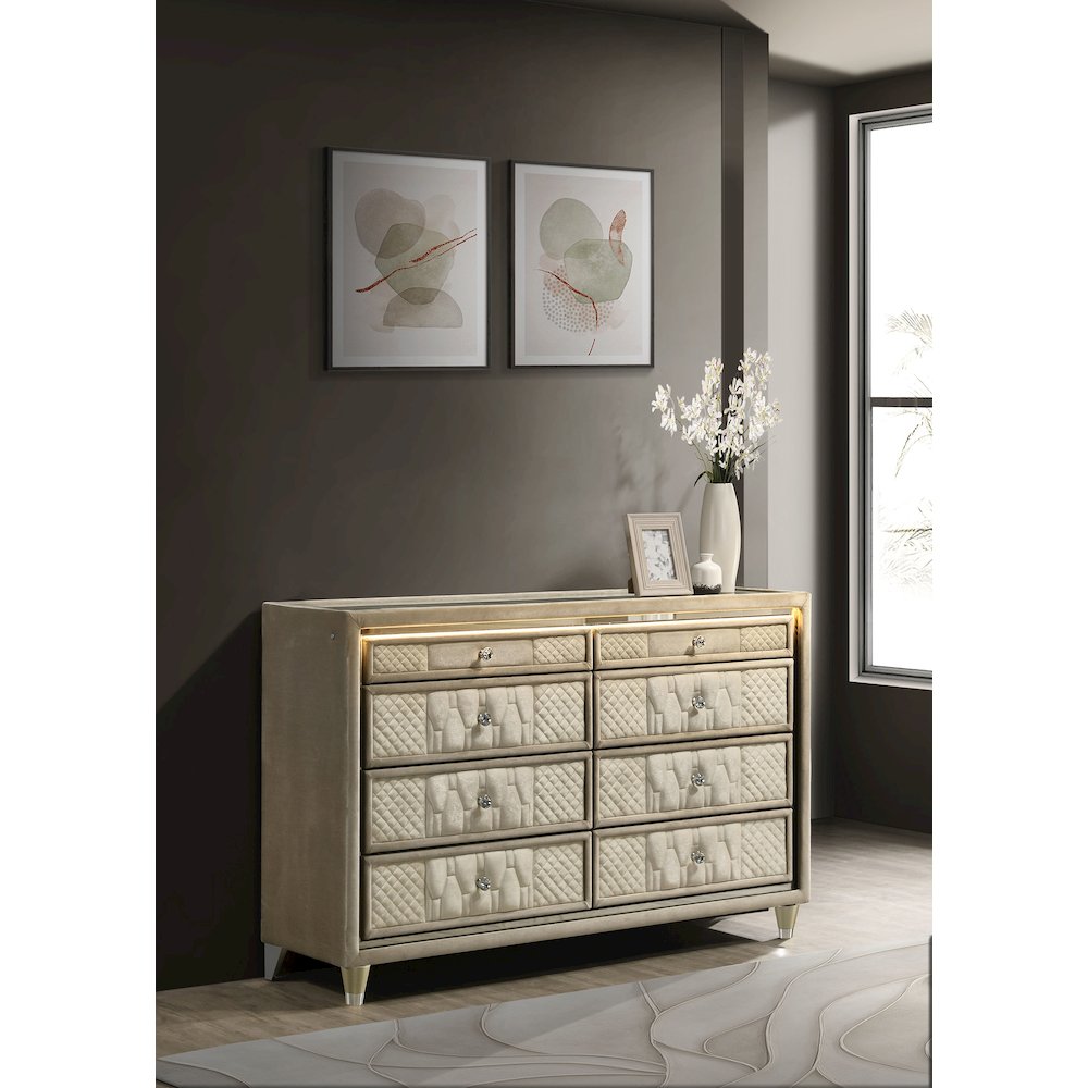 Lorient 8-drawer LED Bedroom Dresser Cabinet Ivory and Camel