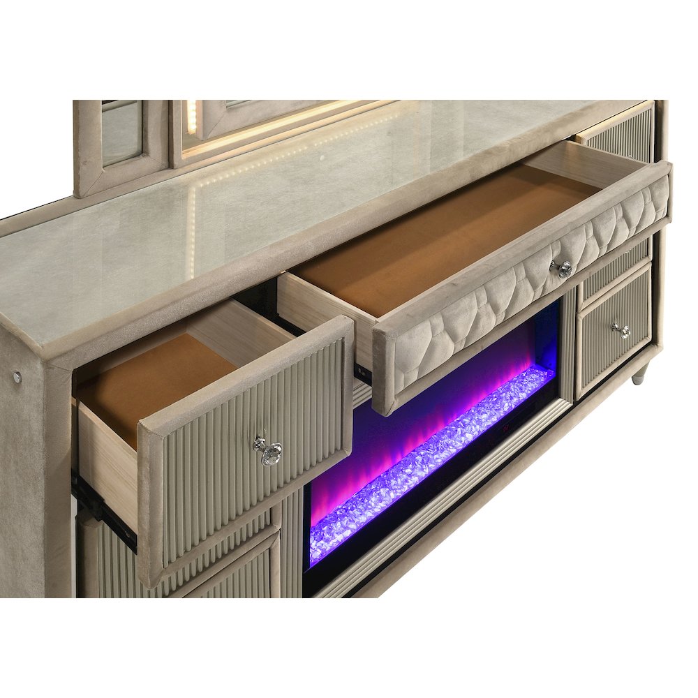 Lorient 8-drawer LED Bedroom Flame Box Dresser Ivory Camel