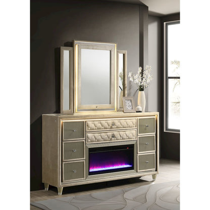 Lorient 8-drawer LED Flame Box Dresser and Mirror Ivory Camel