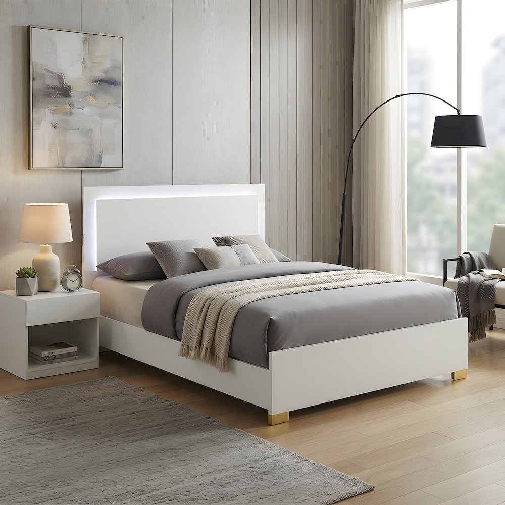 Engineered Wood Full Size LED Panel Bed Frame with Headboard, Gold Legs, White
