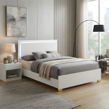 Engineered Wood Full Size LED Panel Bed Frame with Headboard, Gold Legs, White
