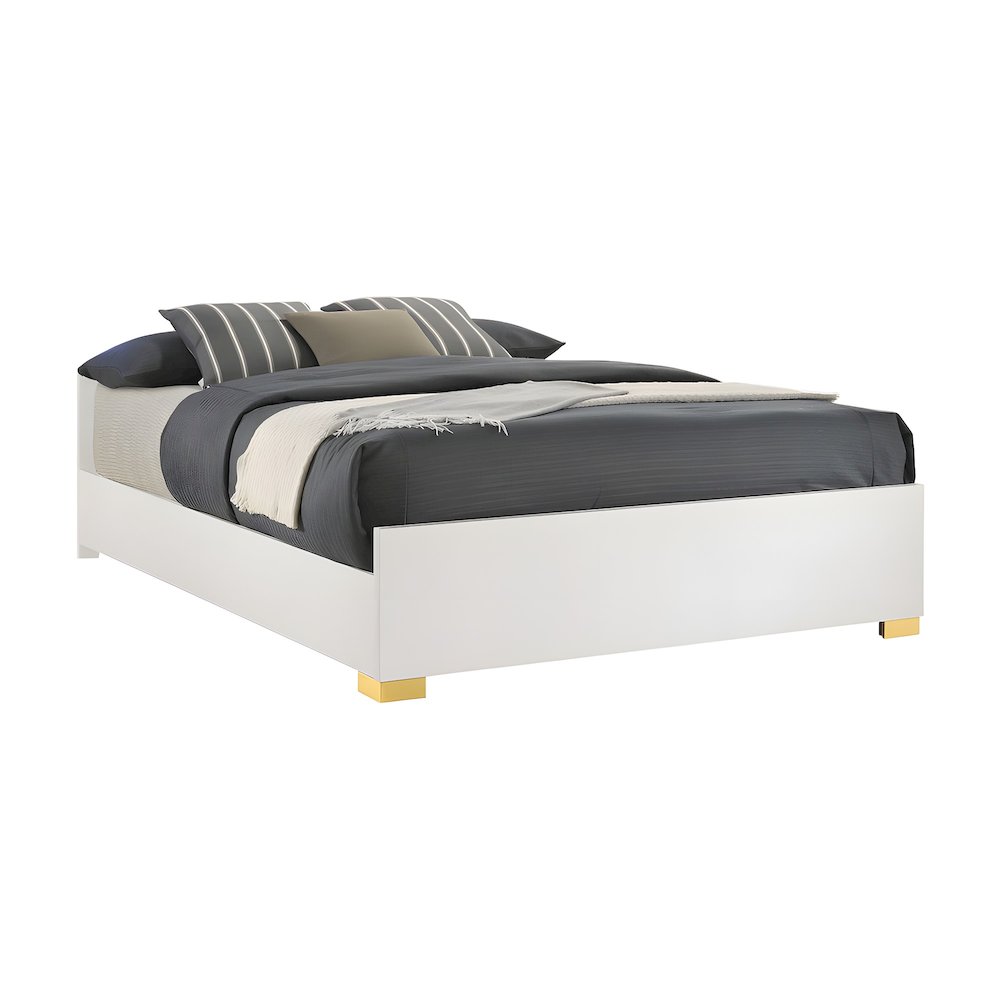 Engineered Wood Full Size LED Panel Bed Frame with Headboard, Gold Legs, White