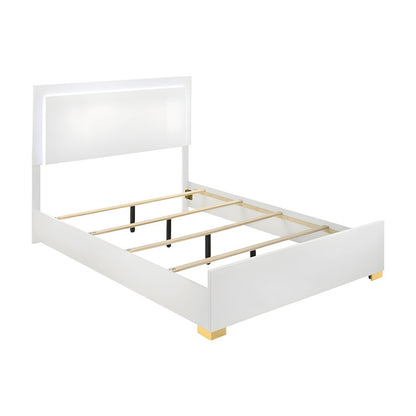 Engineered Wood Full Size LED Panel Bed Frame with Headboard, Gold Legs, White