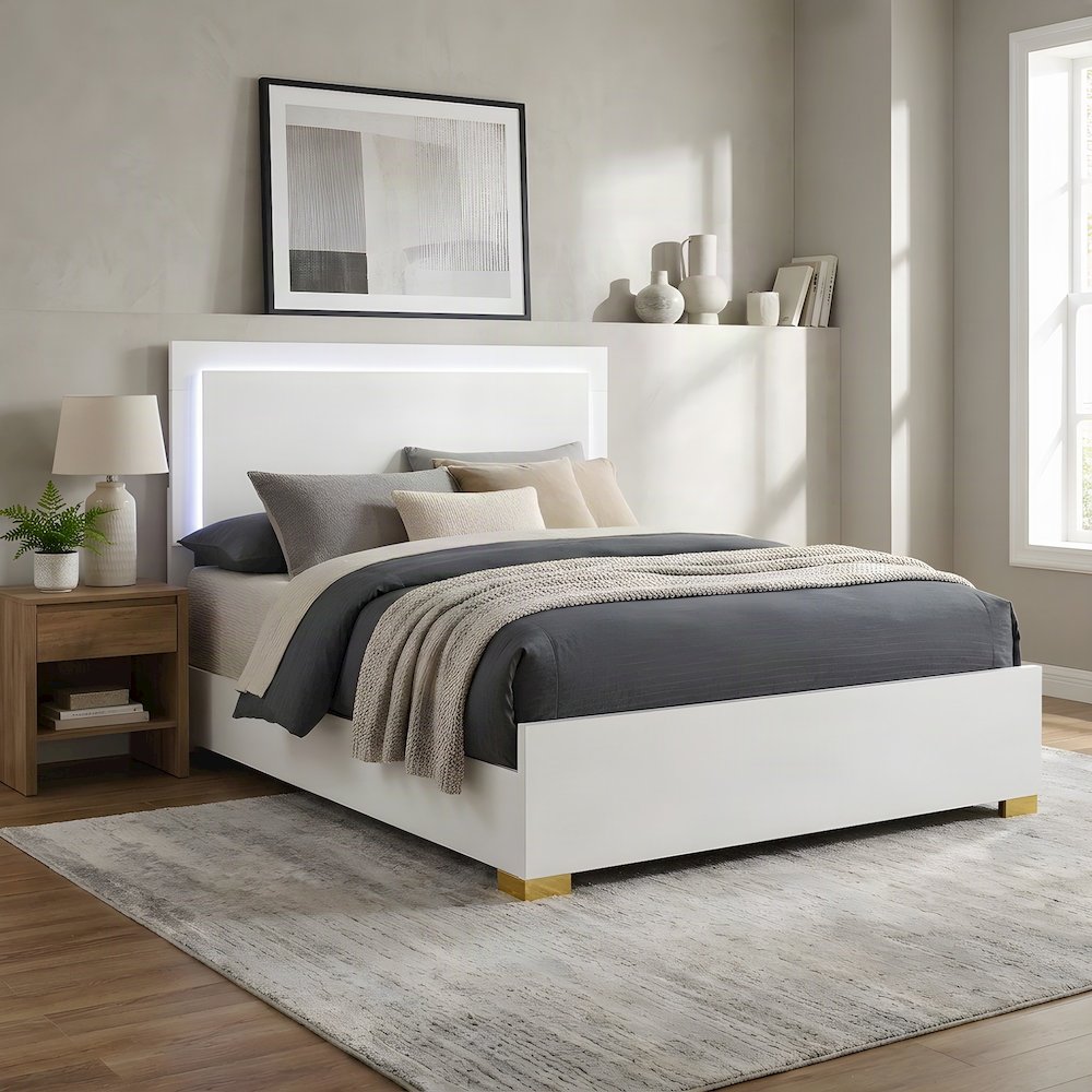 Engineered Wood Queen Platform Panel Bed Frame with LED Headboard, White