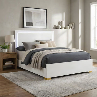 Engineered Wood Queen Platform Panel Bed Frame with LED Headboard, White