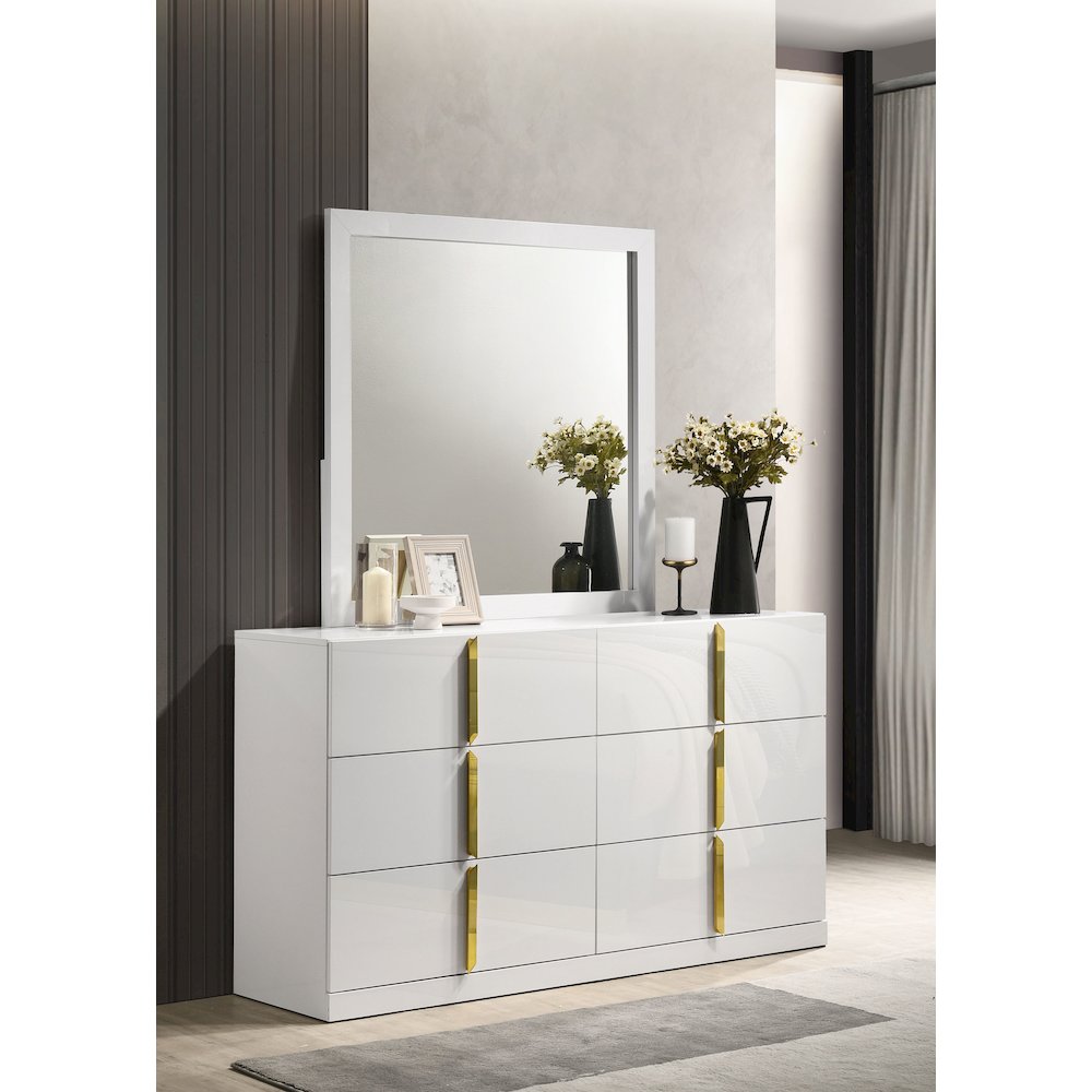 Ines 6-drawer Bedroom Dresser with Mirror White High Gloss