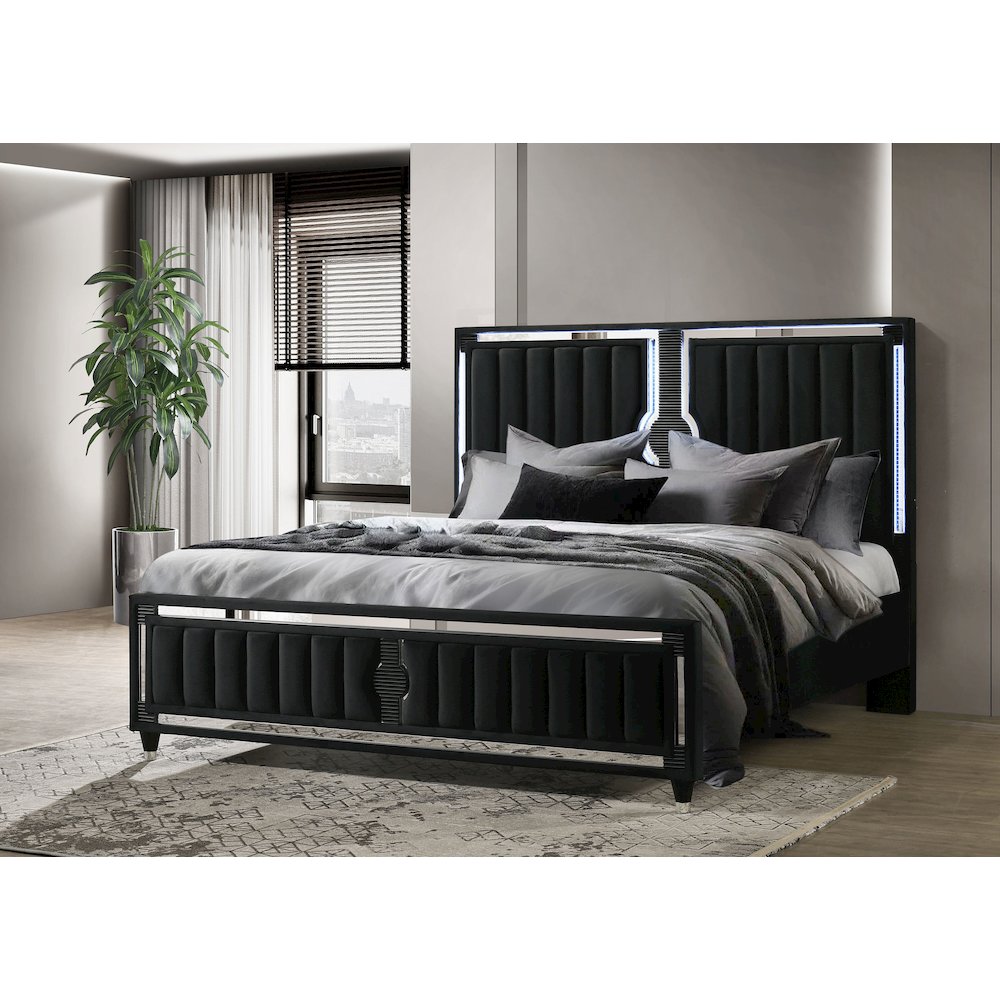 Ravenne Velvet Upholstered Eastern King LED Panel Bed Black