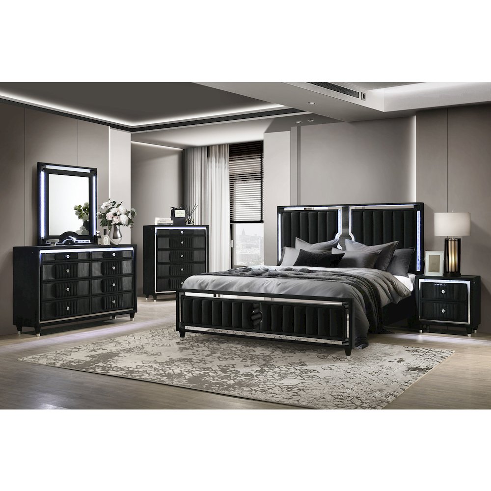 Ravenne Velvet Upholstered Eastern King LED Panel Bed Black