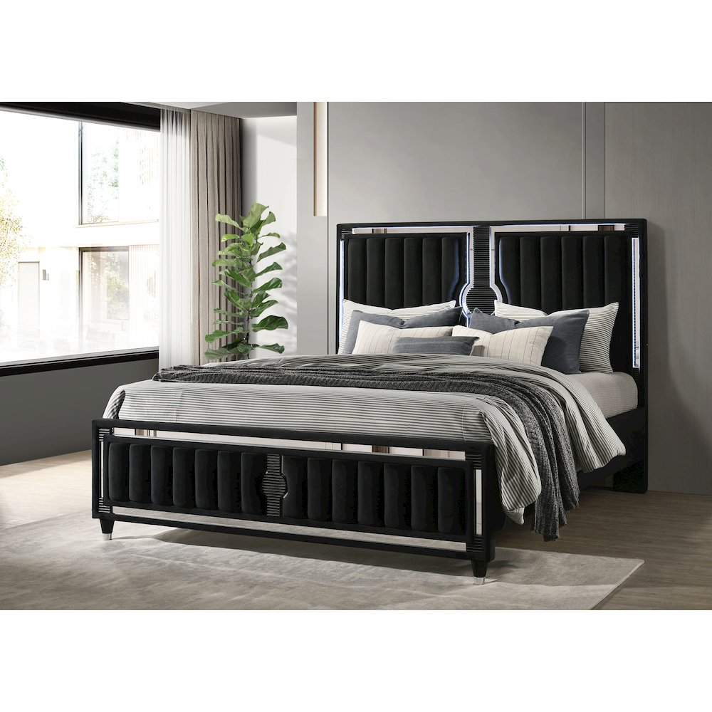 Ravenne Velvet Upholstered California King LED Panel Bed Black