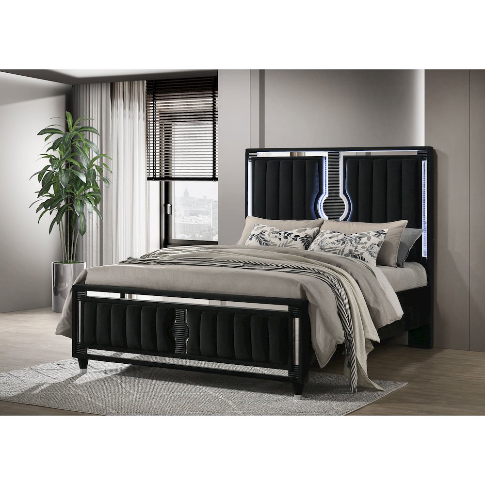 Ravenne Velvet Upholstered Queen LED Panel Bed Black