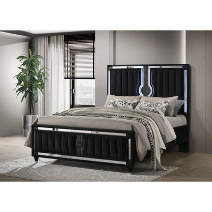 Ravenne Velvet Upholstered Queen LED Panel Bed Black