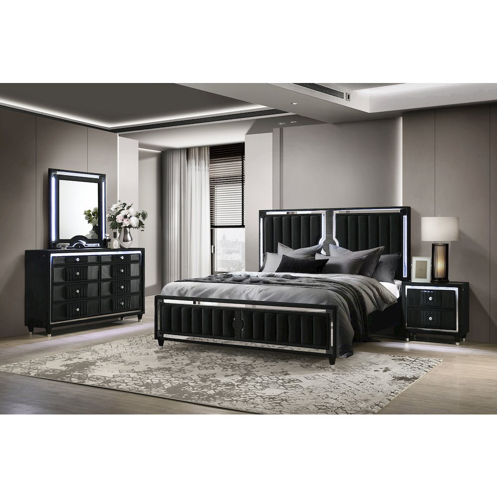 Ravenne 4-piece Velvet Upholstered Queen LED Bedroom Set Black