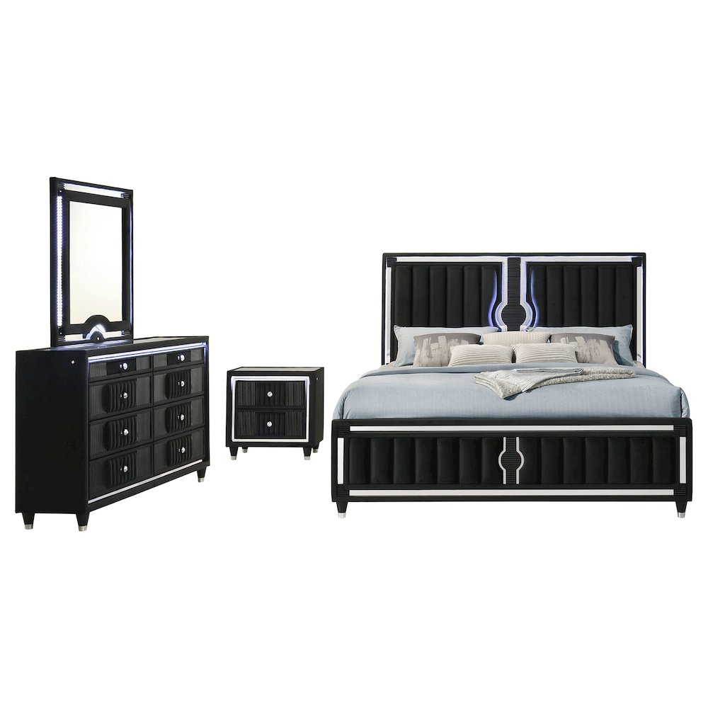 Ravenne 4-piece Velvet Upholstered Queen LED Bedroom Set Black